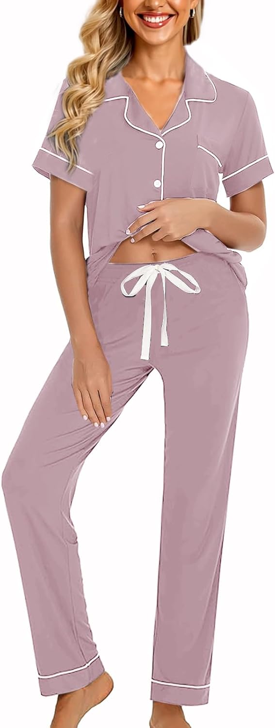 Womens Soft Pajamas Set XS-XXL Button Down Sleepwear Short Sleeves Pajama sets with Long Pants Pj Set Nightwear