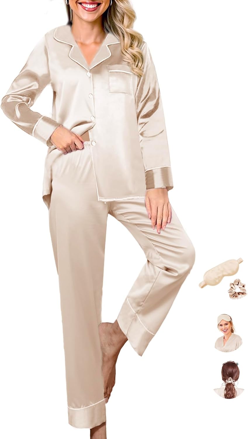 Womens Pajama Set Silk Satin Pajamas Long 2pc Pjs Button Down Sleepwear Pj Set Loungewear