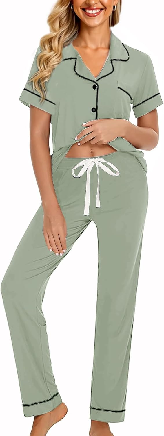 Womens Soft Pajamas Set XS-XXL Button Down Sleepwear Short Sleeves Pajama sets with Long Pants Pj Set Nightwear