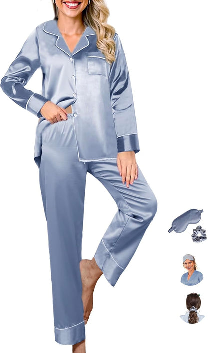 Womens Pajama Set Silk Satin Pajamas Long 2pc Pjs Button Down Sleepwear Pj Set Loungewear