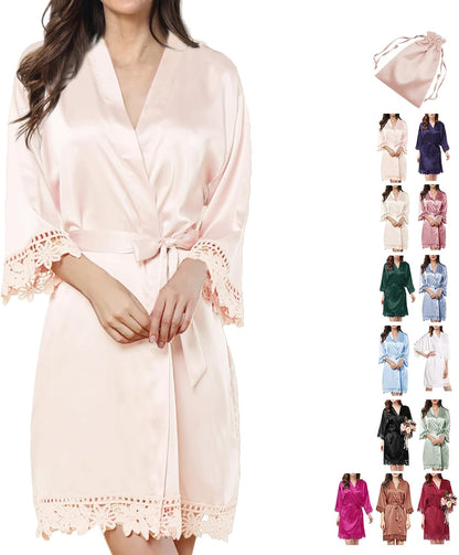 2Pcs Satin Robe Womens Silk Robes Lace Kimonos Bridal Silky Robes for Brides Bridesmaids Wedding Nightgown Bathrobe Sleepwear