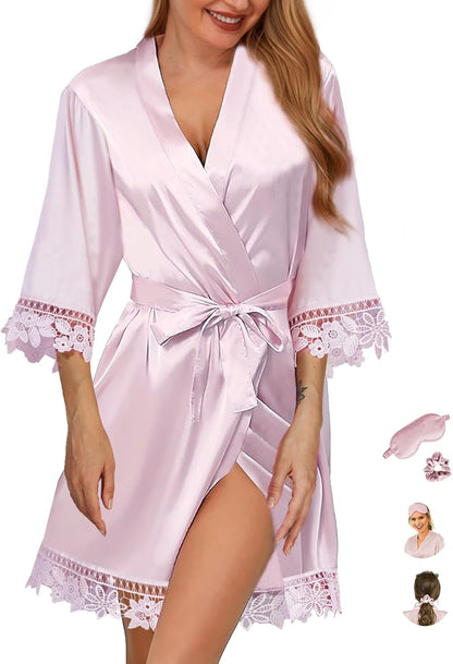 3Pcs Womens Satin Robes for Bride Bridesmaid Silk Bathrobes Silky Kimono Robe for Wedding Party Loungewear Lace Sleepwear