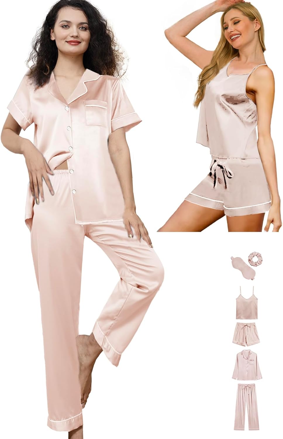 6Pcs Womens Silk Satin Pajama Sets Pj Sets Long Pjs Set Pajamas Sleepwear Camisole Sexy Cami