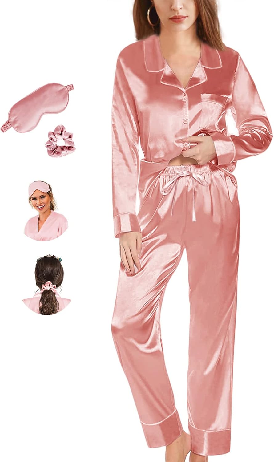 Womens Pajama Set Silk Satin Pajamas Long 2pc Pjs Button Down Sleepwear Pj Set Loungewear