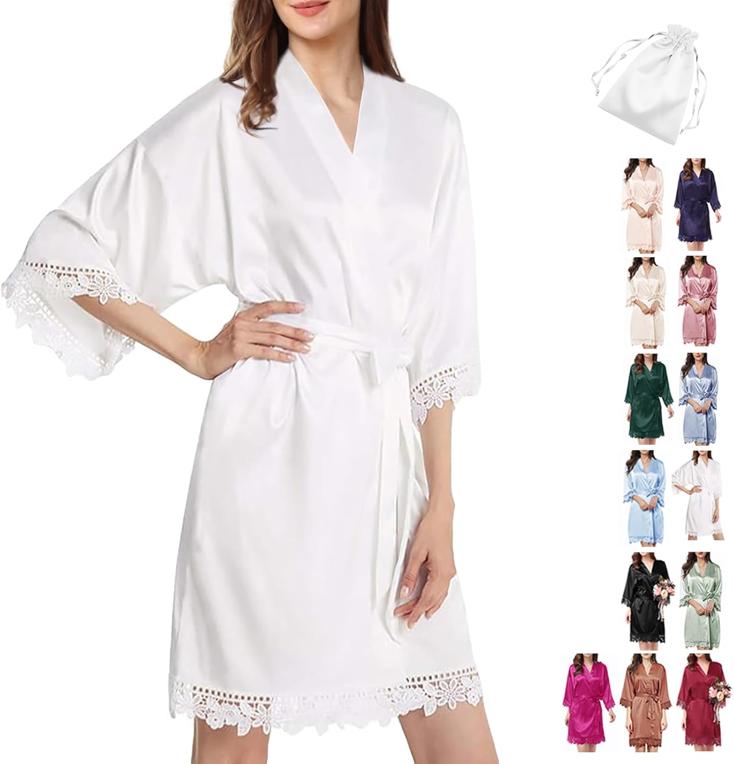 2Pcs Satin Robe Womens Silk Robes Lace Kimonos Bridal Silky Robes for Brides Bridesmaids Wedding Nightgown Bathrobe Sleepwear