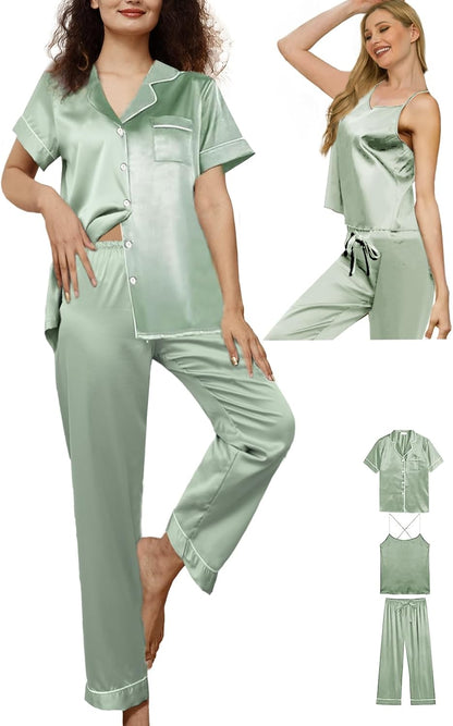 3Pcs Womens Satin Pajamas Set Silk Pj Sets Sexy Camisole Tops And Pants Silky Pajama XS-4XL Pjs Sleepwear