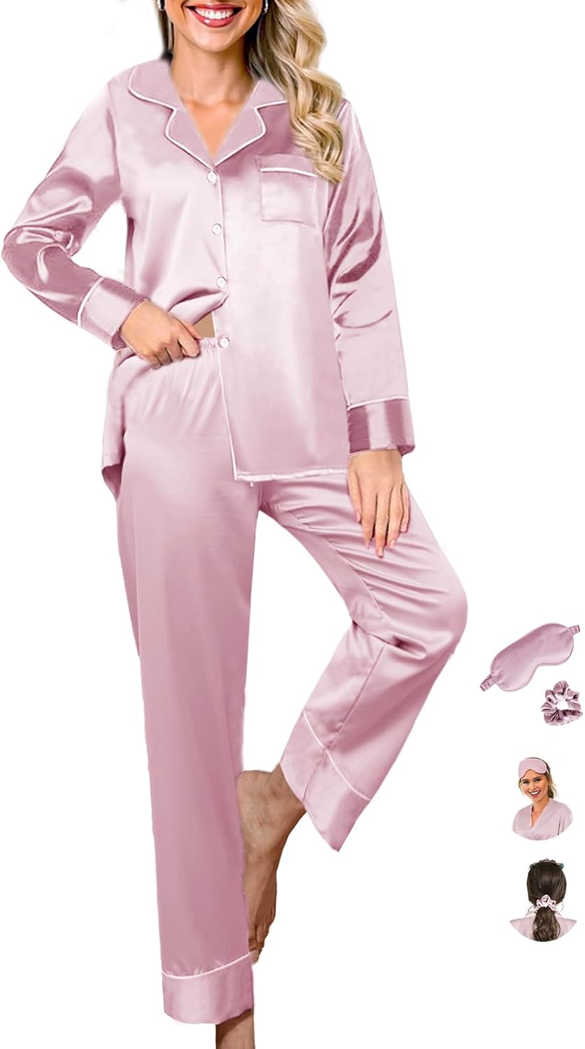 Womens Pajama Set Silk Satin Pajamas Long 2pc Pjs Button Down Sleepwear Pj Set Loungewear