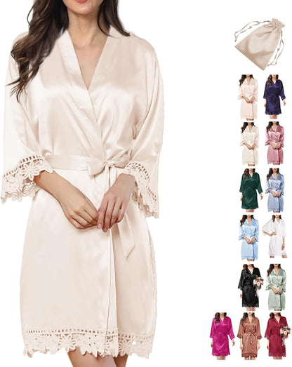 2Pcs Satin Robe Womens Silk Robes Lace Kimonos Bridal Silky Robes for Brides Bridesmaids Wedding Nightgown Bathrobe Sleepwear