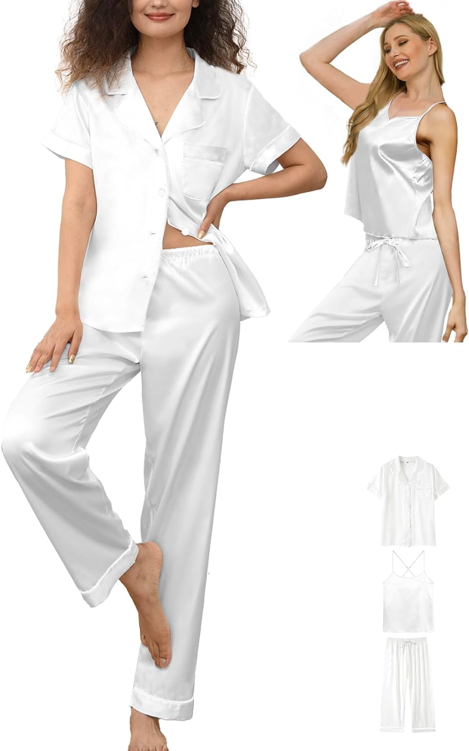 3Pcs Womens Satin Pajamas Set Silk Pj Sets Sexy Camisole Tops And Pants Silky Pajama XS-4XL Pjs Sleepwear