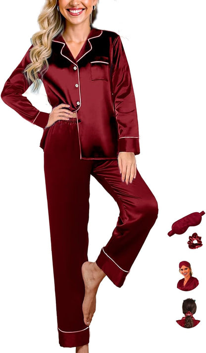 Womens Pajama Set Silk Satin Pajamas Long 2pc Pjs Button Down Sleepwear Pj Set Loungewear