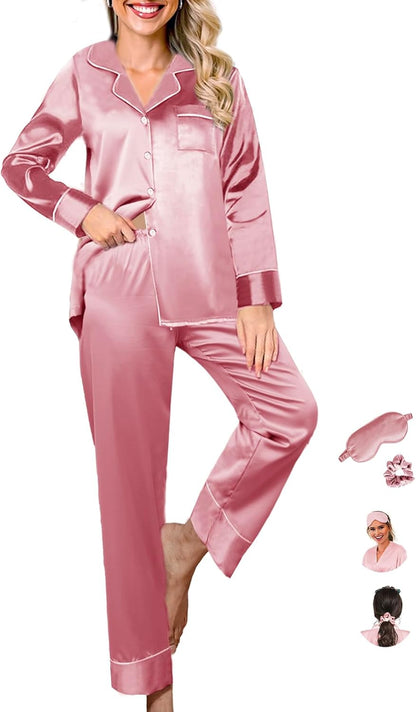 Womens Pajama Set Silk Satin Pajamas Long 2pc Pjs Button Down Sleepwear Pj Set Loungewear