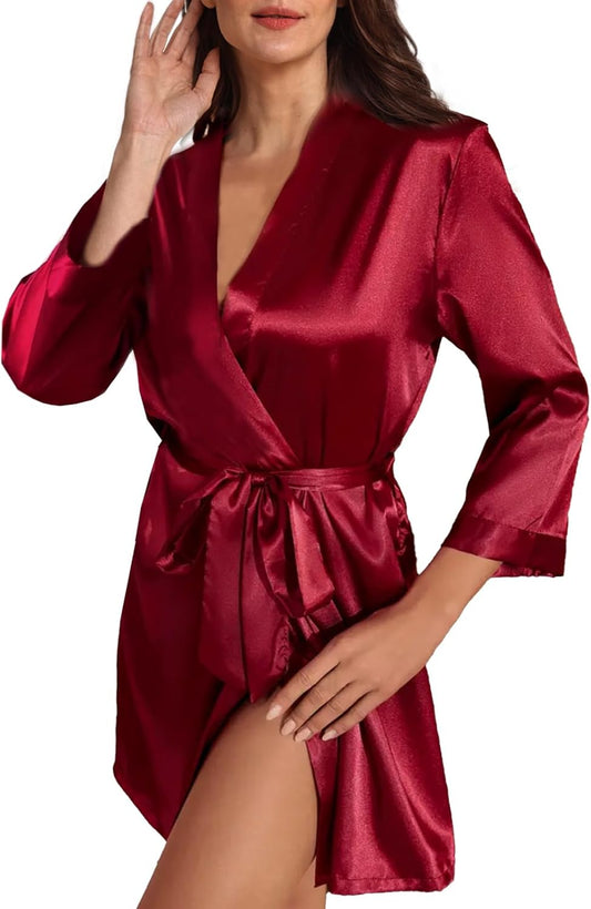 Womens Satin Kimono Robe Silk Robes Floral Bathrobe Bride Bridesmaid Wedding Silky Bridal Dressing Gown Loungewear