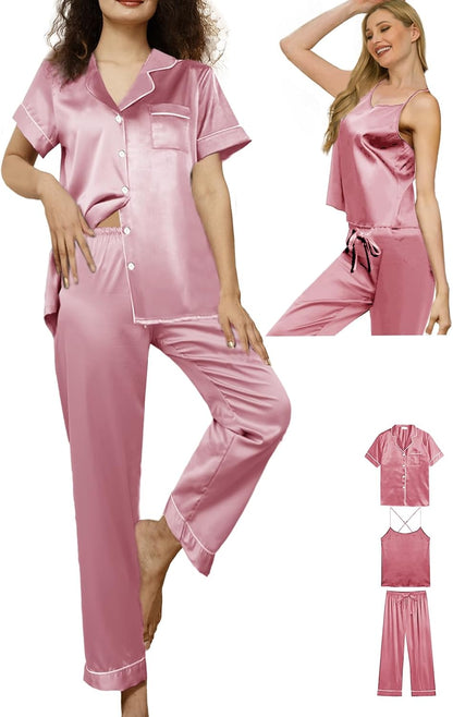 3Pcs Womens Satin Pajamas Set Silk Pj Sets Sexy Camisole Tops And Pants Silky Pajama XS-4XL Pjs Sleepwear