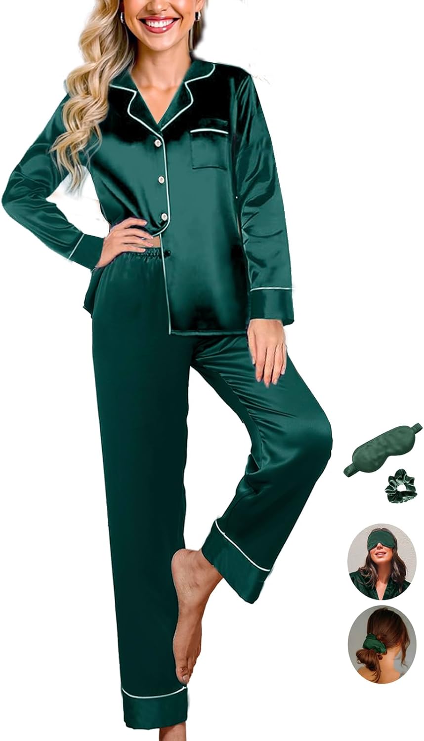 Womens Pajama Set Silk Satin Pajamas Long 2pc Pjs Button Down Sleepwear Pj Set Loungewear