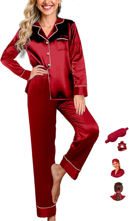 Womens Pajama Set Silk Satin Pajamas Long 2pc Pjs Button Down Sleepwear Pj Set Loungewear