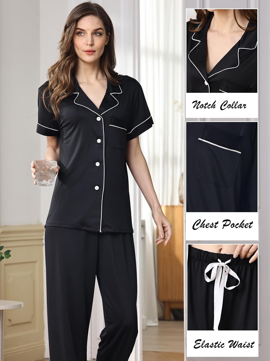 Womens Soft Pajamas Set XS-XXL Button Down Sleepwear Short Sleeves Pajama sets with Long Pants Pj Set Nightwear