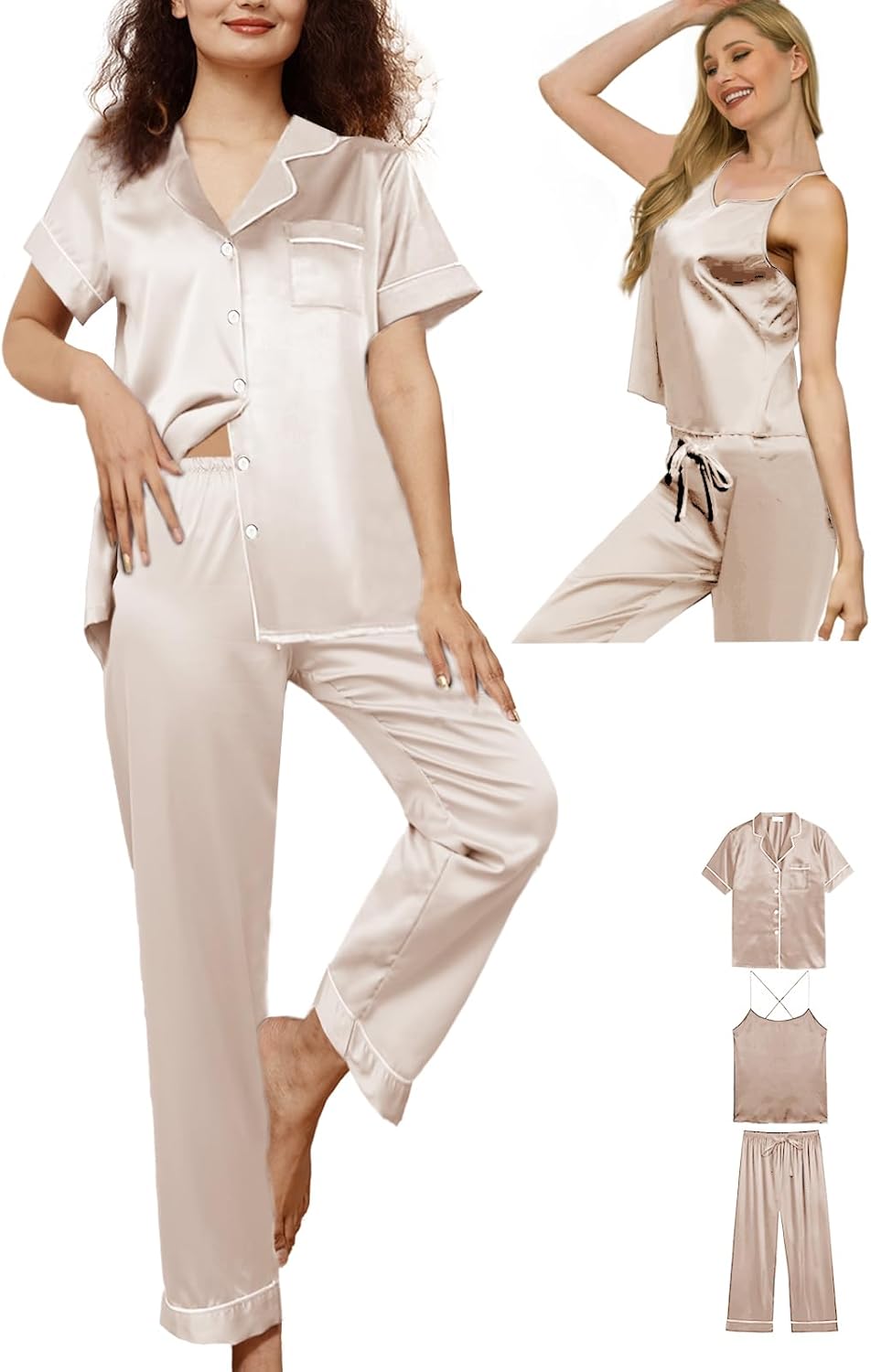 3Pcs Womens Satin Pajamas Set Silk Pj Sets Sexy Camisole Tops And Pants Silky Pajama XS-4XL Pjs Sleepwear