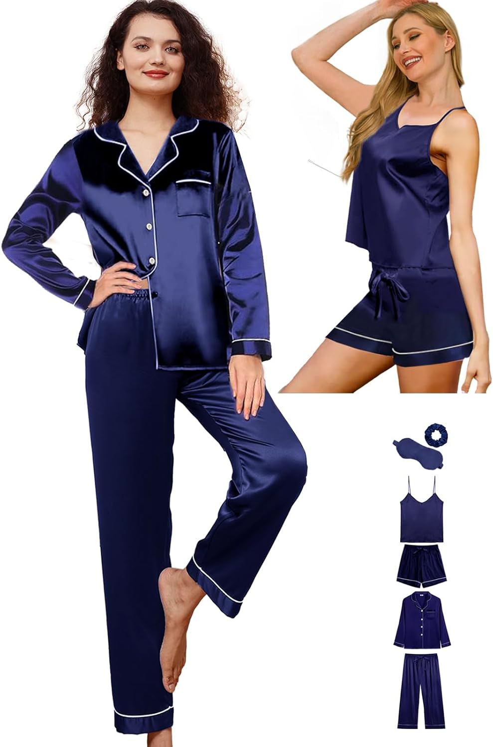 6Pcs Womens Silk Satin Pajama Sets Pj Sets Long Pjs Set Pajamas Sleepwear Camisole Sexy Cami