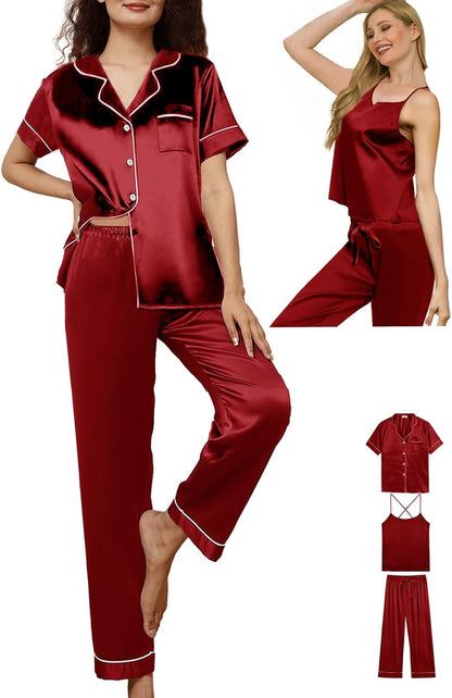 3Pcs Womens Satin Pajamas Set Silk Pj Sets Sexy Camisole Tops And Pants Silky Pajama XS-4XL Pjs Sleepwear