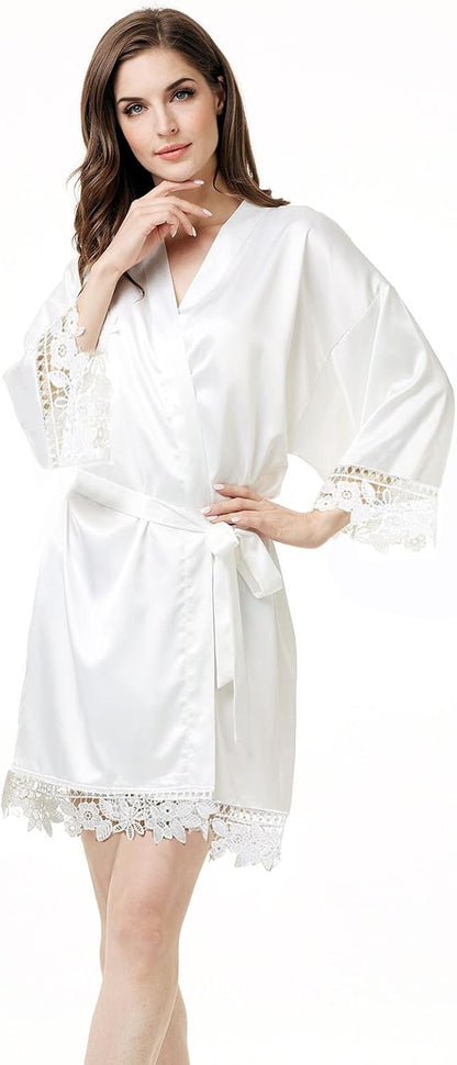 Womens Silk Robe Satin Robe Silky Kimono Lace Bathrobe Sleepwear Wedding For Bridal Bride Bridesmaid Robes