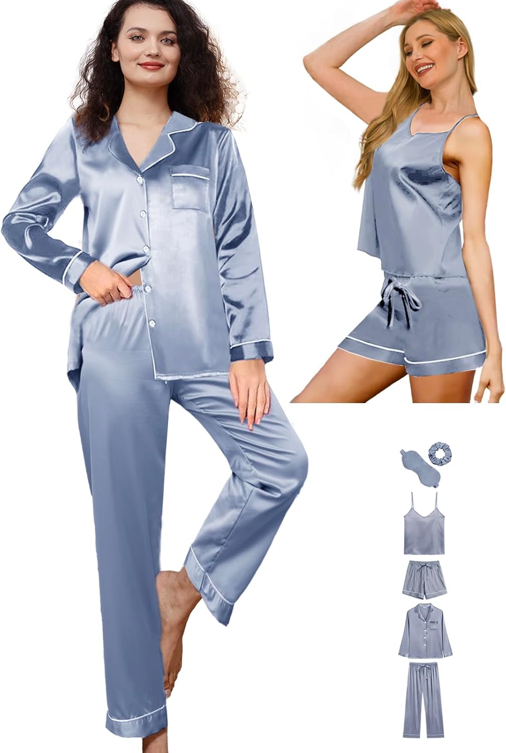 6Pcs Womens Silk Satin Pajama Sets Pj Sets Long Pjs Set Pajamas Sleepwear Camisole Sexy Cami