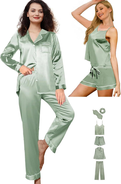 6Pcs Womens Silk Satin Pajama Sets Pj Sets Long Pjs Set Pajamas Sleepwear Camisole Sexy Cami