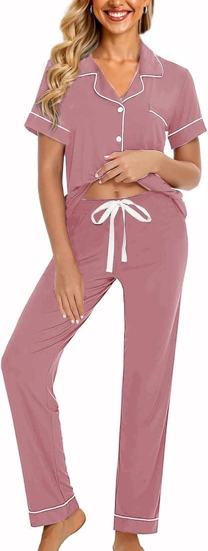 Womens Soft Pajamas Set XS-XXL Button Down Sleepwear Short Sleeves Pajama sets with Long Pants Pj Set Nightwear