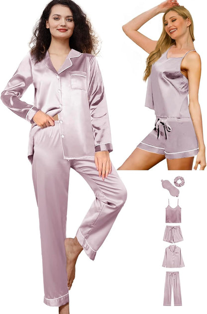 6Pcs Womens Silk Satin Pajama Sets Pj Sets Long Pjs Set Pajamas Sleepwear Camisole Sexy Cami