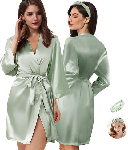 2Pcs Womens Floral Kimono Robe Silk Robes Bride Bridesmaid Satin Robes Bridal Dressing Gown Silky Bathrobe