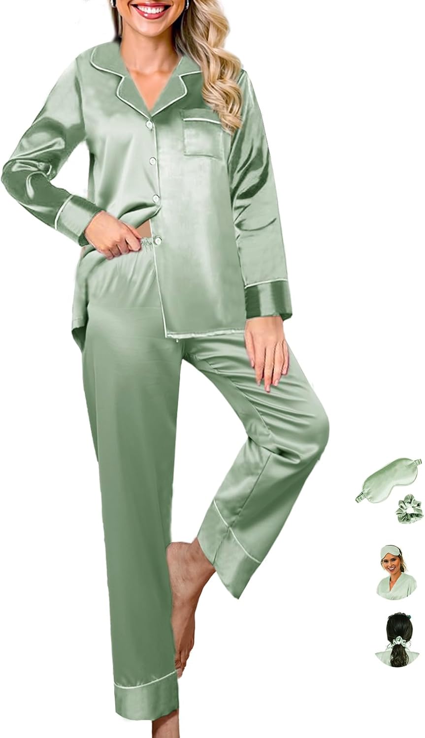 Womens Pajama Set Silk Satin Pajamas Long 2pc Pjs Button Down Sleepwear Pj Set Loungewear