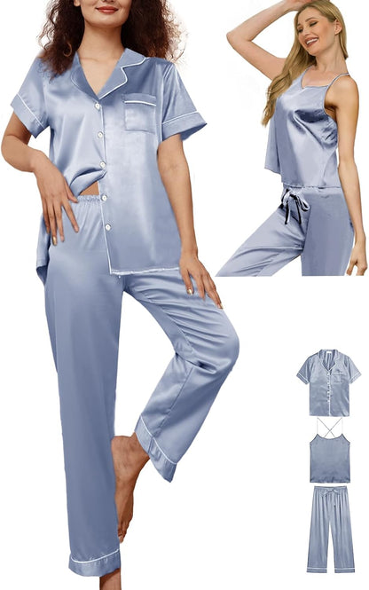 3Pcs Womens Satin Pajamas Set Silk Pj Sets Sexy Camisole Tops And Pants Silky Pajama XS-4XL Pjs Sleepwear