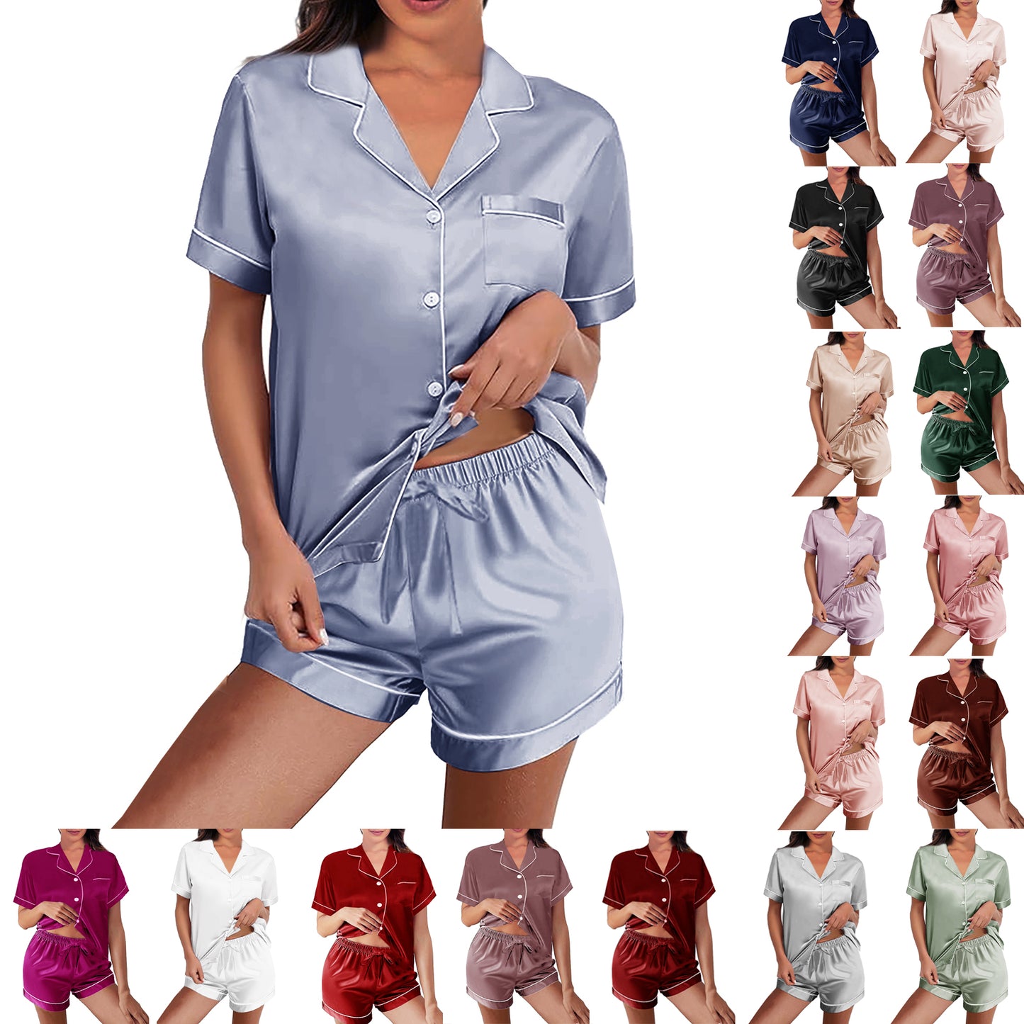 Womens Silk Satin Pajamas Loungewear Two-Piece Sleepwear Button-Down Floral Pj Set XS-4XL