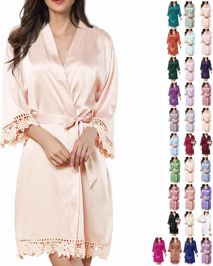 Womens Silk Robe Satin Robe Silky Kimono Lace Bathrobe Sleepwear Wedding For Bridal Bride Bridesmaid Robes