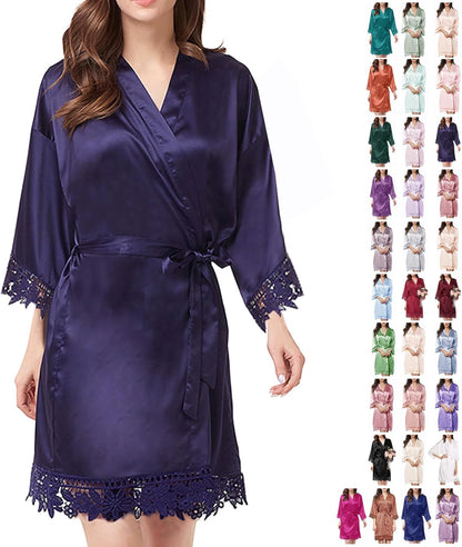 Womens Silk Robe Satin Robe Silky Kimono Lace Bathrobe Sleepwear Wedding For Bridal Bride Bridesmaid Robes