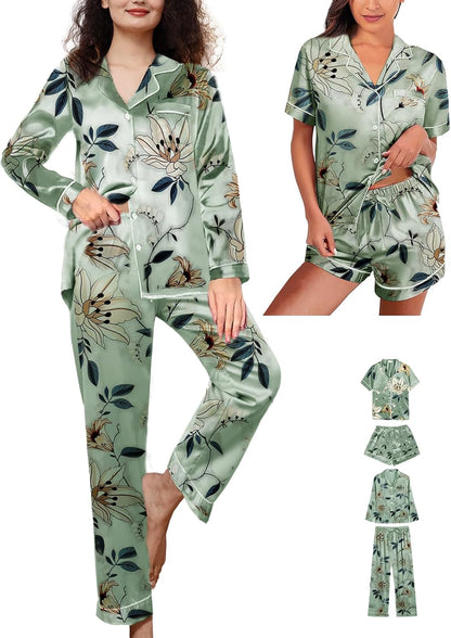 4Pcs Womens Silk Satin Pajama Sets Floral Pajamas Silky Pj Sets XS-2XL Button Down Pjs Set Loungewear Sleepwear