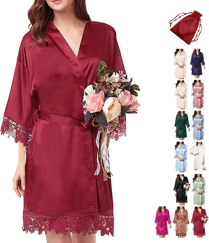 2Pcs Satin Robe Womens Silk Robes Lace Kimonos Bridal Silky Robes for Brides Bridesmaids Wedding Nightgown Bathrobe Sleepwear