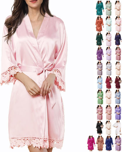 Womens Silk Robe Satin Robe Silky Kimono Lace Bathrobe Sleepwear Wedding For Bridal Bride Bridesmaid Robes