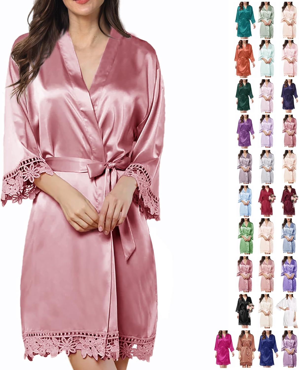 Womens Silk Robe Satin Robe Silky Kimono Lace Bathrobe Sleepwear Wedding For Bridal Bride Bridesmaid Robes