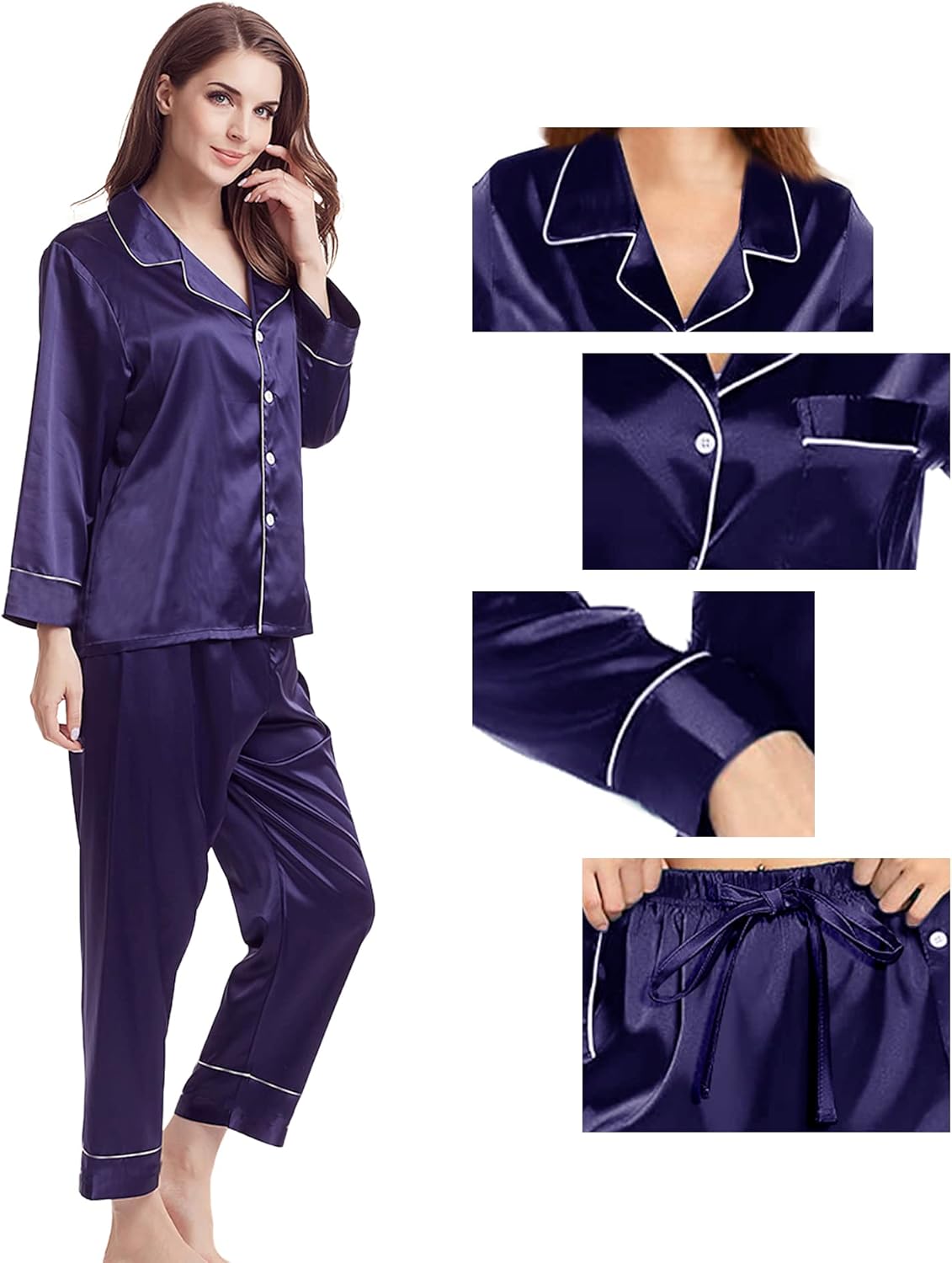 Womens Pajama Set Silk Satin Pajamas Long 2pc Pjs Button Down Sleepwear Pj Set Loungewear