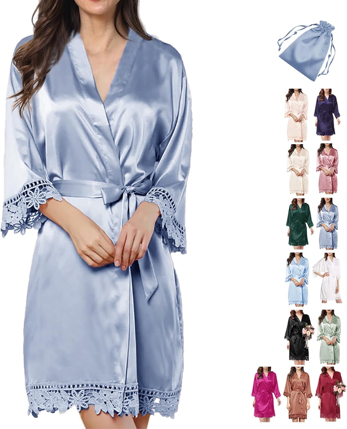 2Pcs Satin Robe Womens Silk Robes Lace Kimonos Bridal Silky Robes for Brides Bridesmaids Wedding Nightgown Bathrobe Sleepwear