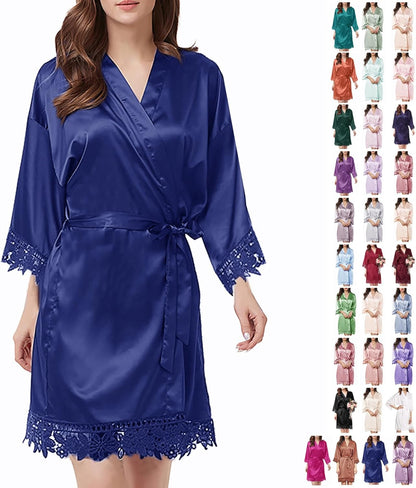 Womens Silk Robe Satin Robe Silky Kimono Lace Bathrobe Sleepwear Wedding For Bridal Bride Bridesmaid Robes