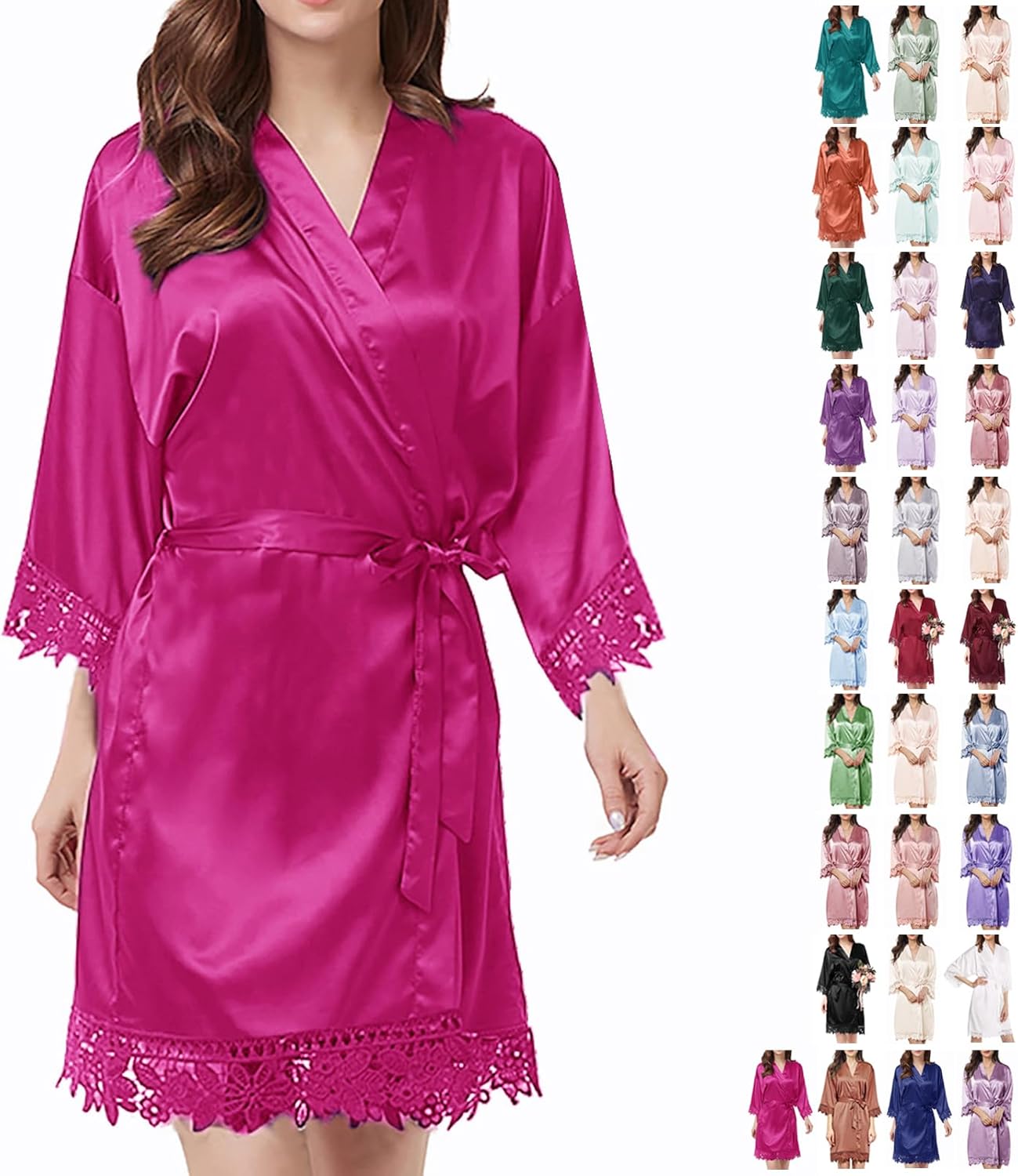 Womens Silk Robe Satin Robe Silky Kimono Lace Bathrobe Sleepwear Wedding For Bridal Bride Bridesmaid Robes