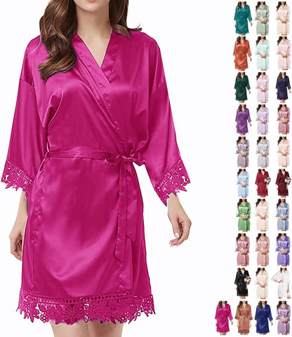 Womens Silk Robe Satin Robe Silky Kimono Lace Bathrobe Sleepwear Wedding For Bridal Bride Bridesmaid Robes