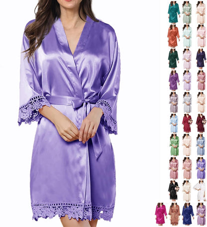 Womens Silk Robe Satin Robe Silky Kimono Lace Bathrobe Sleepwear Wedding For Bridal Bride Bridesmaid Robes