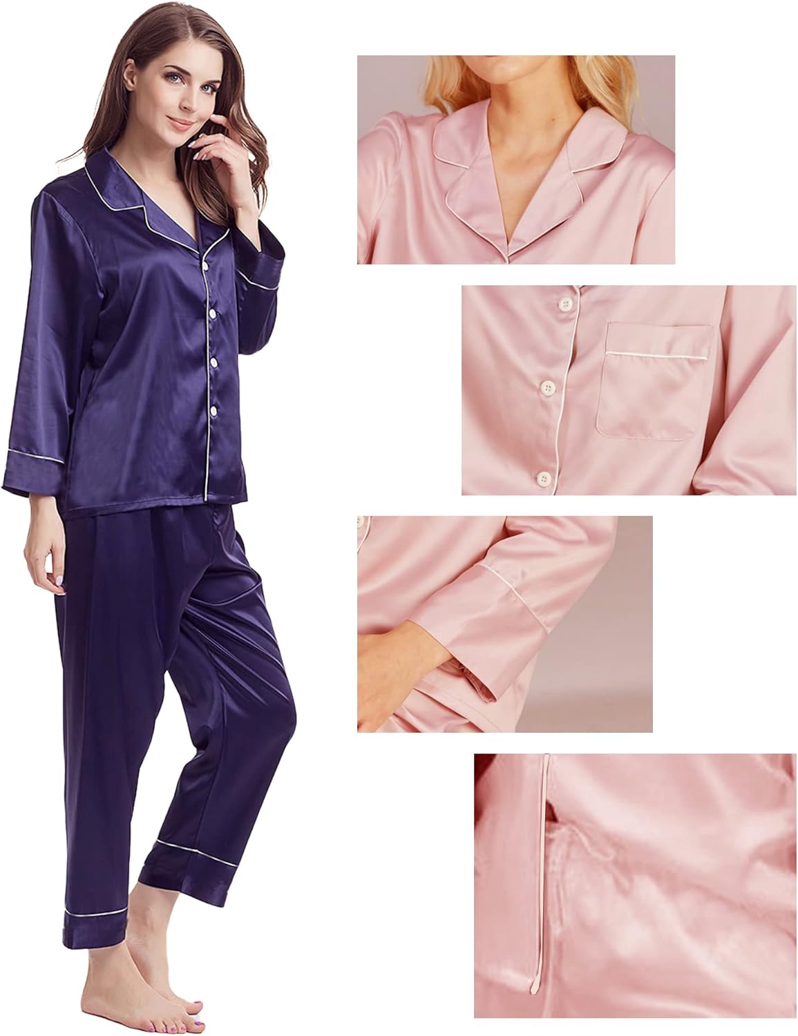 Womens Pajama Set Silk Satin Pajamas Long 2pc Pjs Button Down Sleepwear Pj Set Loungewear