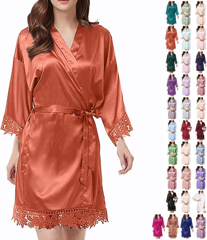 Womens Silk Robe Satin Robe Silky Kimono Lace Bathrobe Sleepwear Wedding For Bridal Bride Bridesmaid Robes