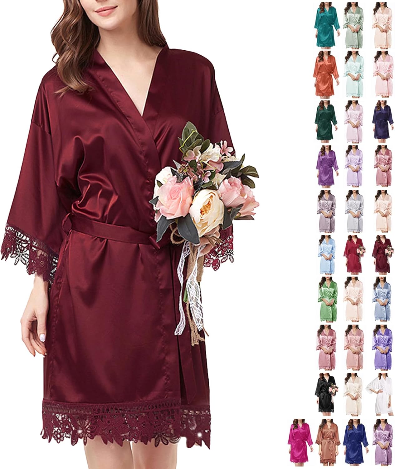 Womens Silk Robe Satin Robe Silky Kimono Lace Bathrobe Sleepwear Wedding For Bridal Bride Bridesmaid Robes