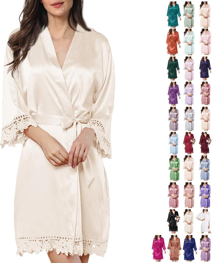 Womens Silk Robe Satin Robe Silky Kimono Lace Bathrobe Sleepwear Wedding For Bridal Bride Bridesmaid Robes