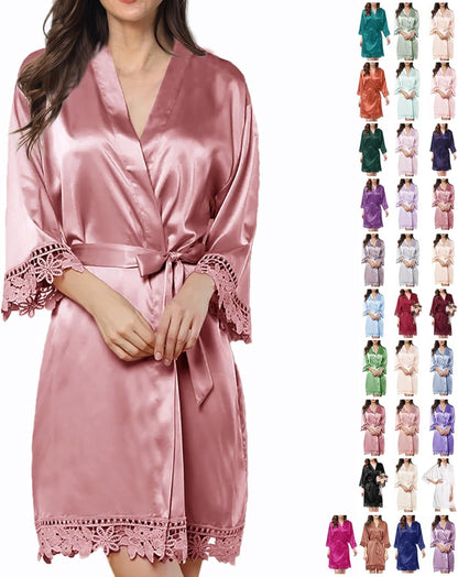 Womens Silk Robe Satin Robe Silky Kimono Lace Bathrobe Sleepwear Wedding For Bridal Bride Bridesmaid Robes