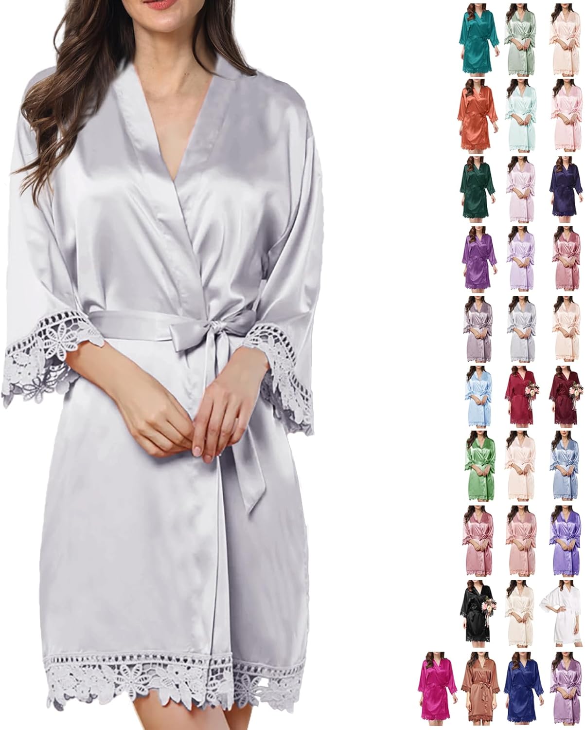 Womens Silk Robe Satin Robe Silky Kimono Lace Bathrobe Sleepwear Wedding For Bridal Bride Bridesmaid Robes